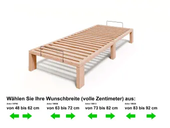 Sondermaß – Wunschbreite Kiefer massiv Holzbett Gigapur G56 Naturbelassen, mit Standardfuß 25cm Höhe,  inkl. Lattenrost und Matratzenbügeln G56 Wunschbreite von 48 bis 62 cm